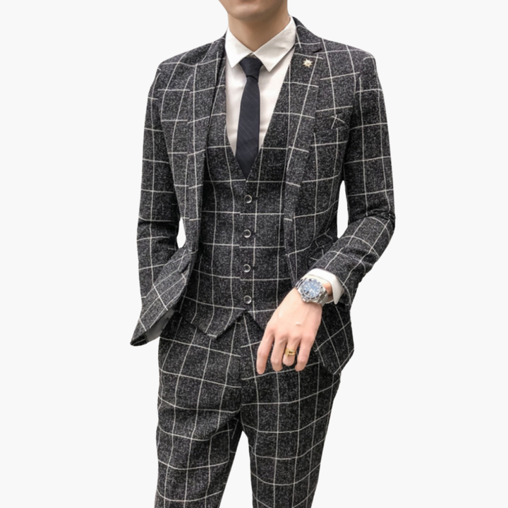 Men’s Checked Three-Piece Suit with Notch Lapels and Button Closure