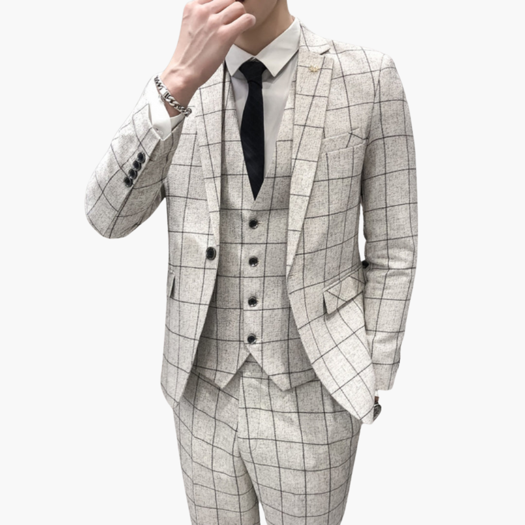 Men’s Checked Three-Piece Suit with Notch Lapels and Button Closure
