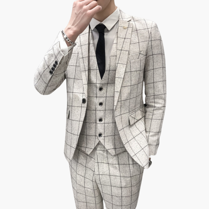 Men’s Checked Three-Piece Suit with Notch Lapels and Button Closure