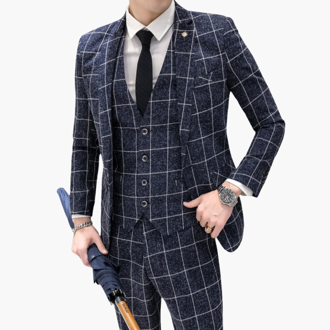 Men’s Checked Three-Piece Suit with Notch Lapels and Button Closure