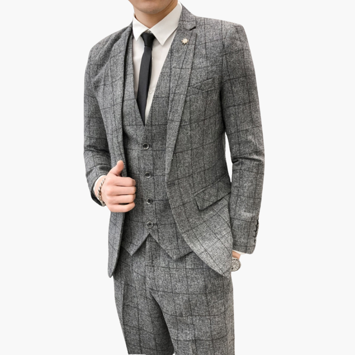 Men’s Checked Three-Piece Suit with Notch Lapels and Button Closure