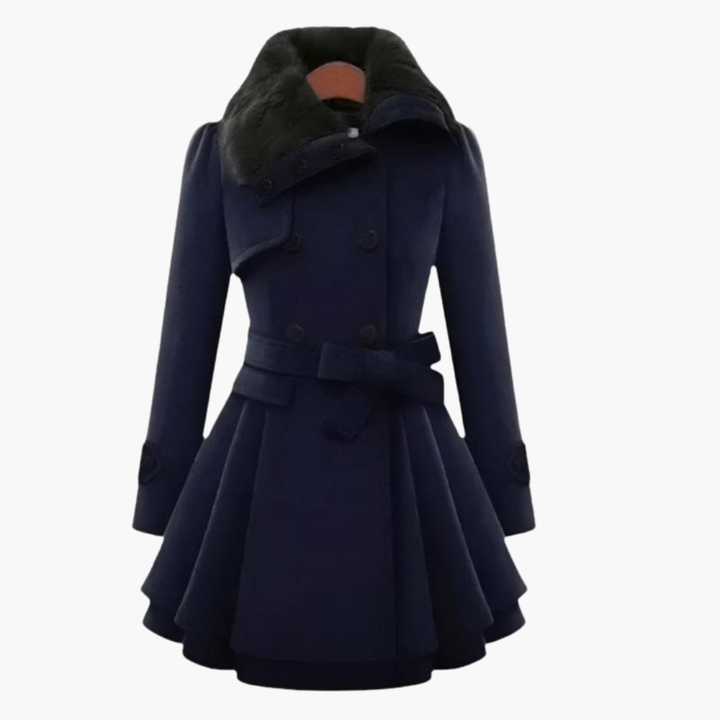 Women’s Flared Trench Coat with Belt and Faux Fur Collar