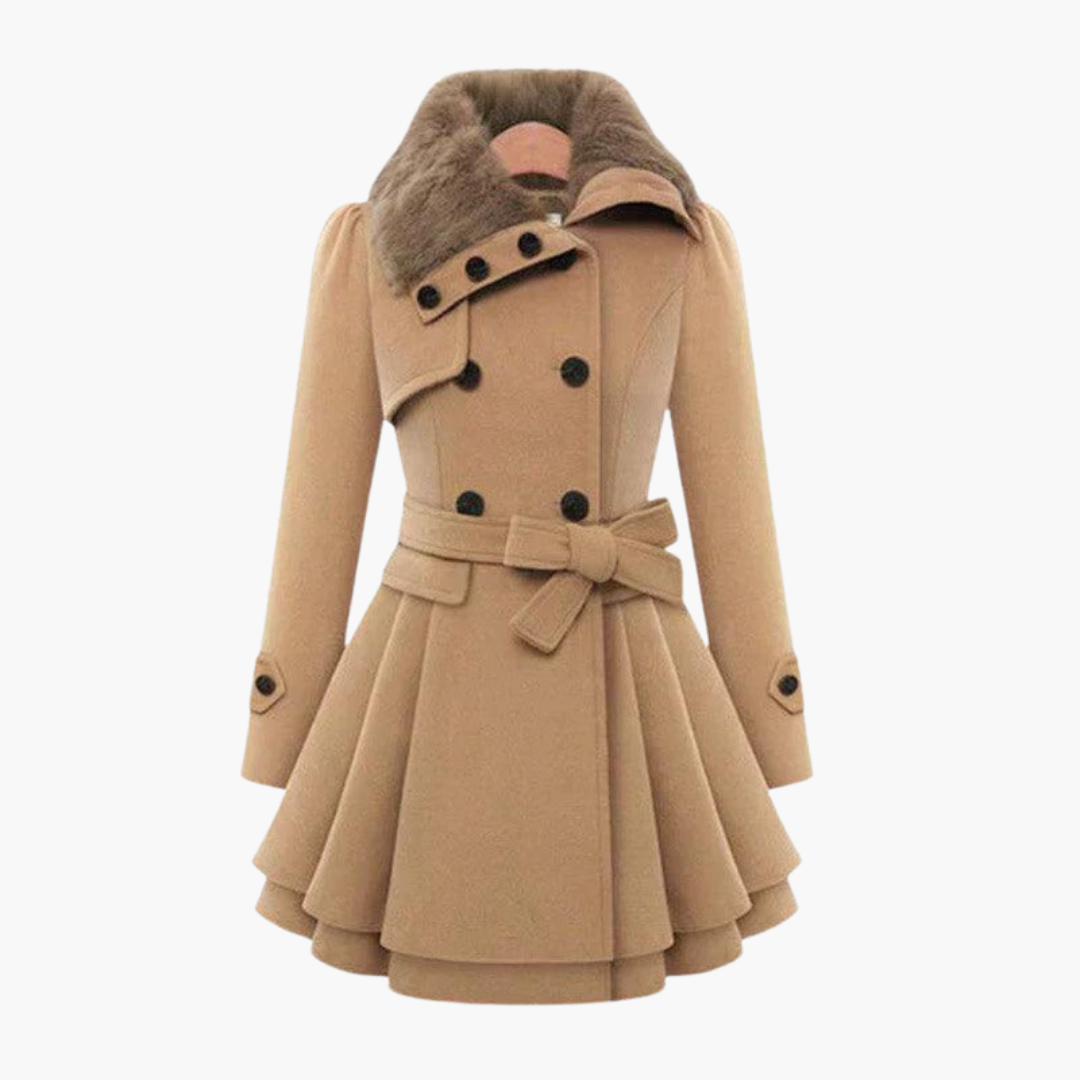 Women’s Flared Trench Coat with Belt and Faux Fur Collar