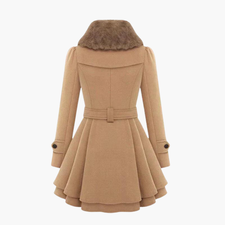 Women’s Flared Trench Coat with Belt and Faux Fur Collar