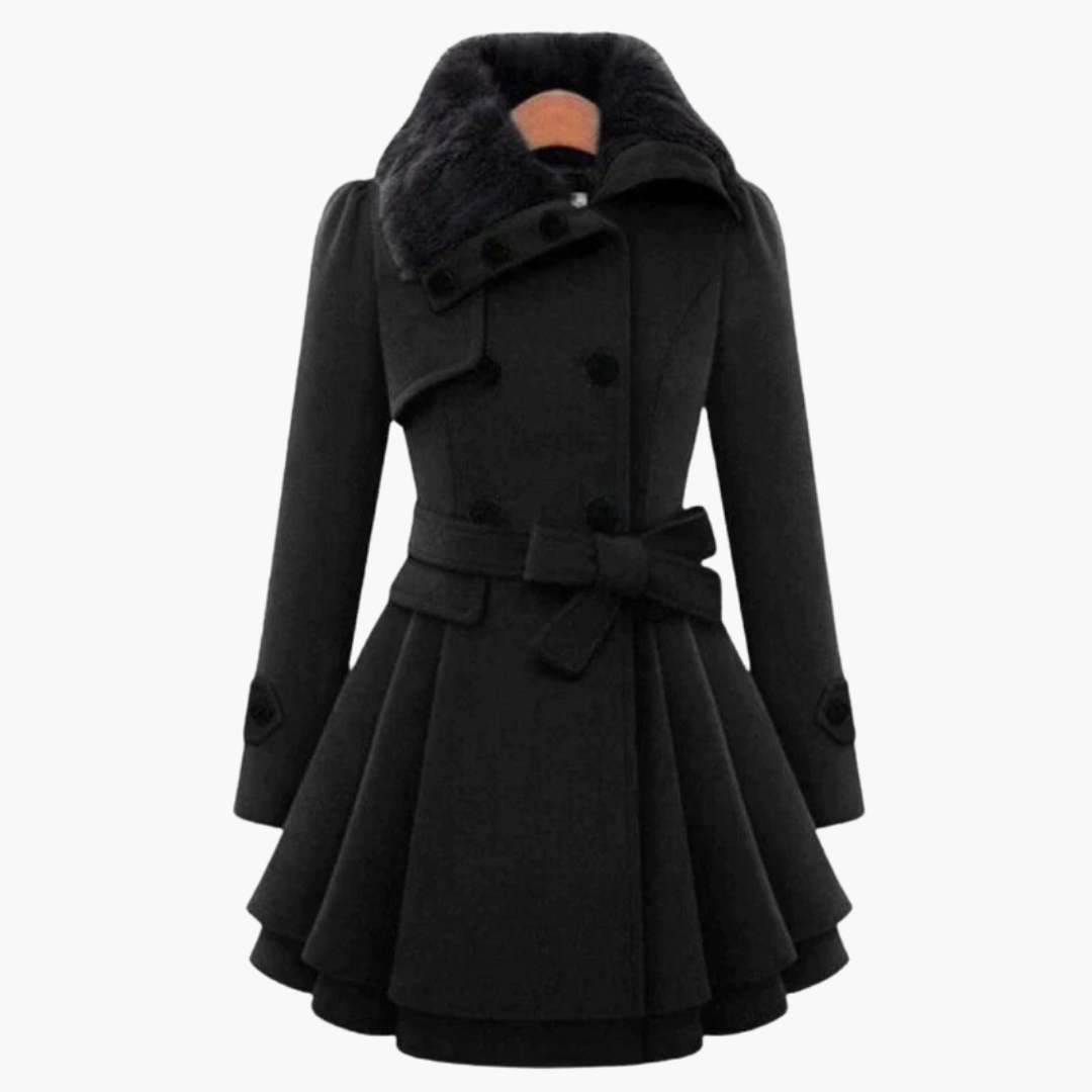 Women’s Flared Trench Coat with Belt and Faux Fur Collar