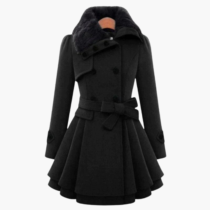 Women’s Flared Trench Coat with Belt and Faux Fur Collar