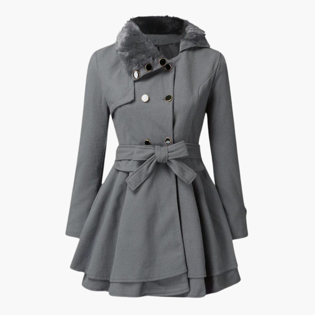 Women’s Flared Trench Coat with Belt and Faux Fur Collar