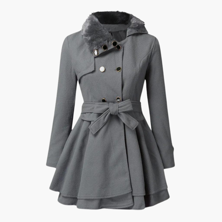 Women’s Flared Trench Coat with Belt and Faux Fur Collar