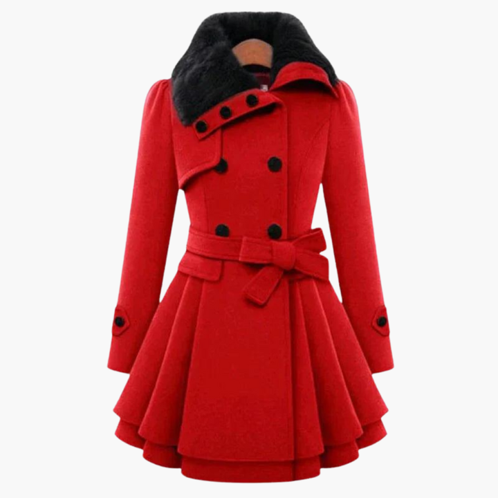 Women’s Flared Trench Coat with Belt and Faux Fur Collar
