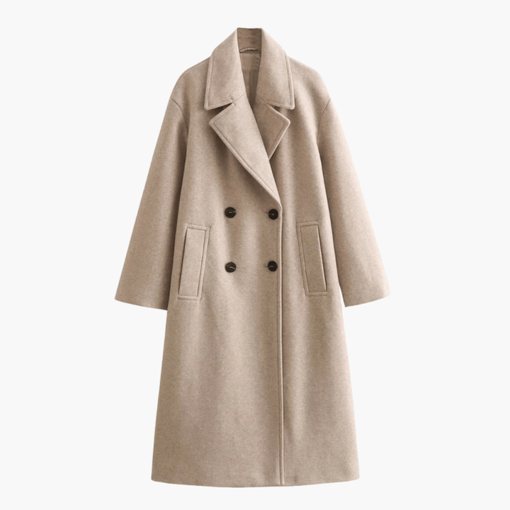 Women’s Long Coat with Wide Lapels and Double-Breasted Front