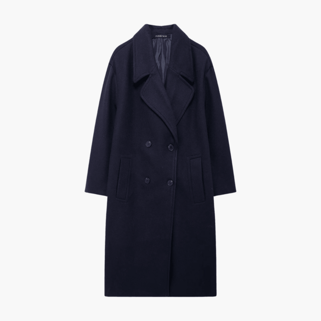 Women’s Long Coat with Wide Lapels and Double-Breasted Front
