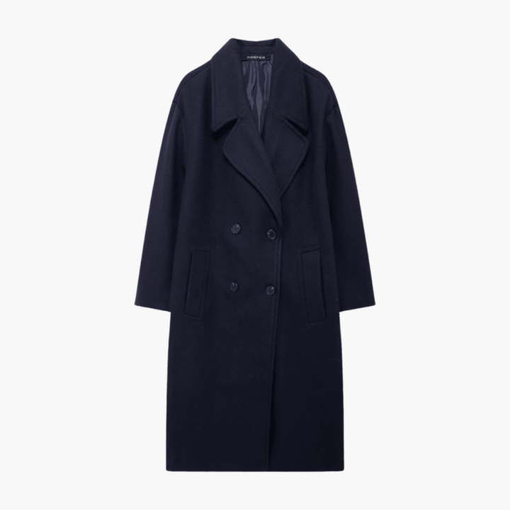 Women’s Long Coat with Wide Lapels and Double-Breasted Front