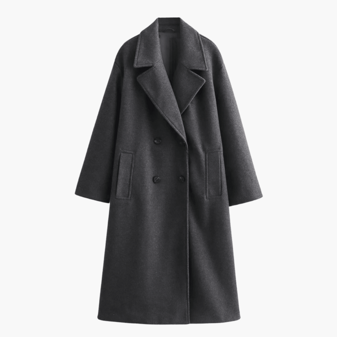 Women’s Long Coat with Wide Lapels and Double-Breasted Front