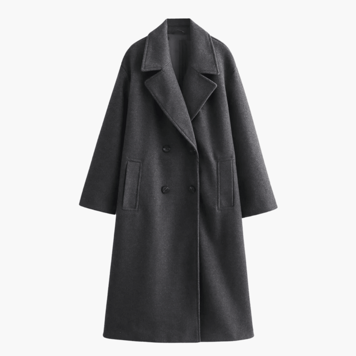 Women’s Long Coat with Wide Lapels and Double-Breasted Front
