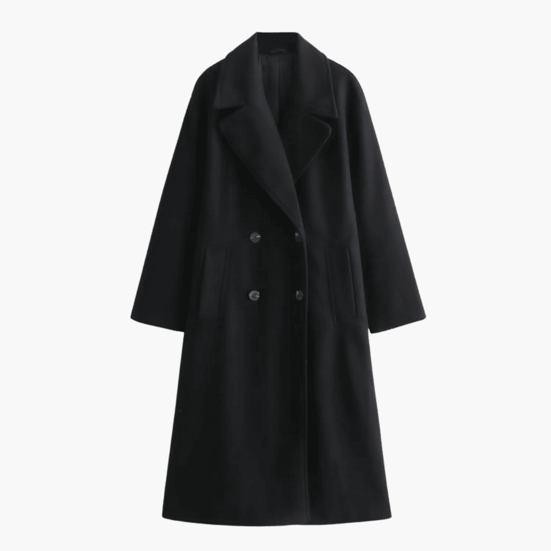 Women’s Long Coat with Wide Lapels and Double-Breasted Front