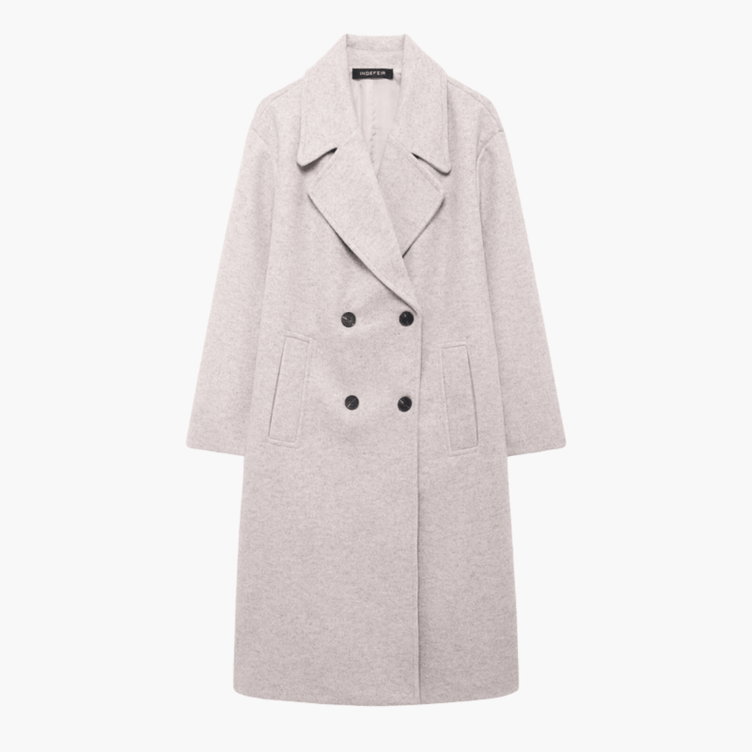 Women’s Long Coat with Wide Lapels and Double-Breasted Front