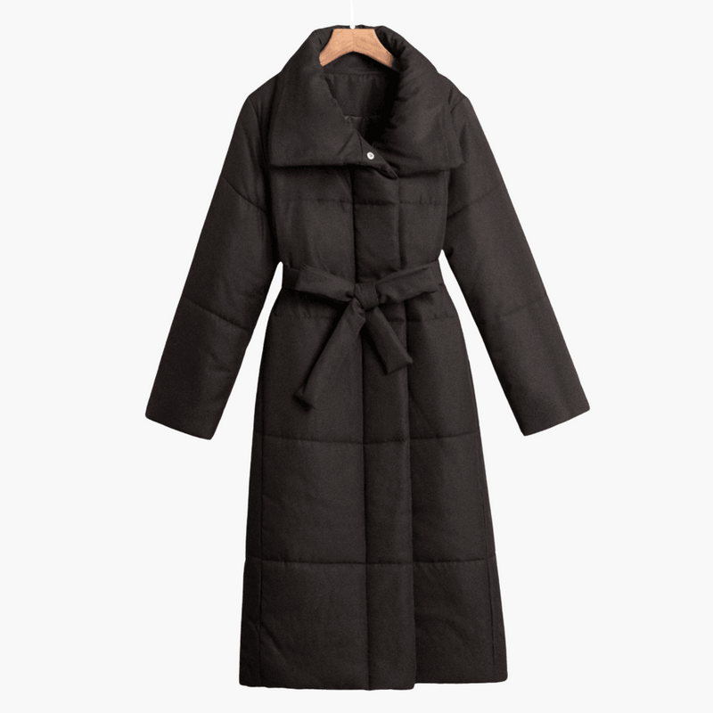 Women’s Long Padded Coat with Wide Collar and Waist Belt