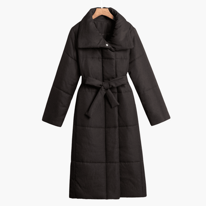 Women’s Long Padded Coat with Wide Collar and Waist Belt