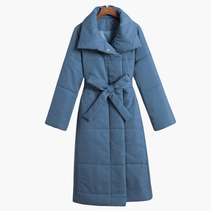 Women’s Long Padded Coat with Wide Collar and Waist Belt