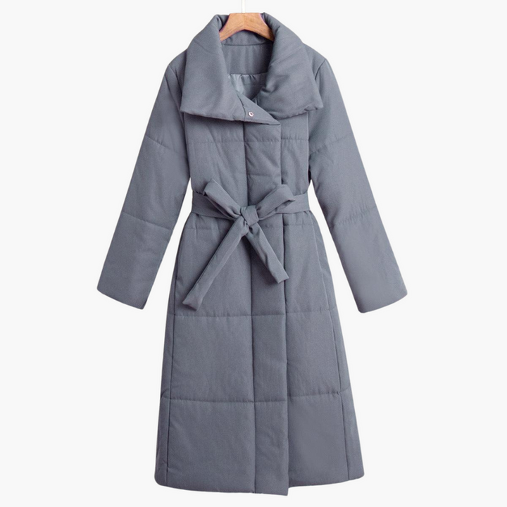 Women’s Long Padded Coat with Wide Collar and Waist Belt
