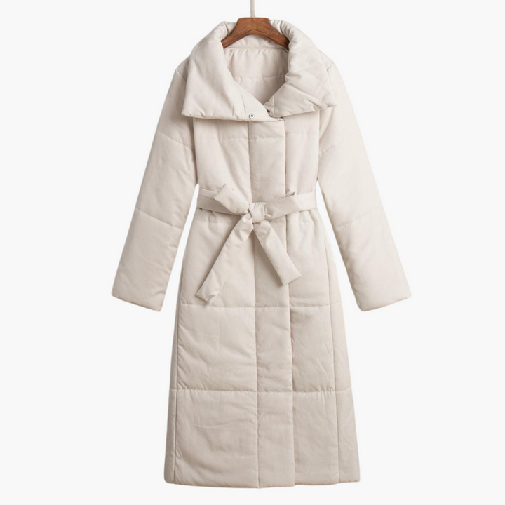 Women’s Long Padded Coat with Wide Collar and Waist Belt